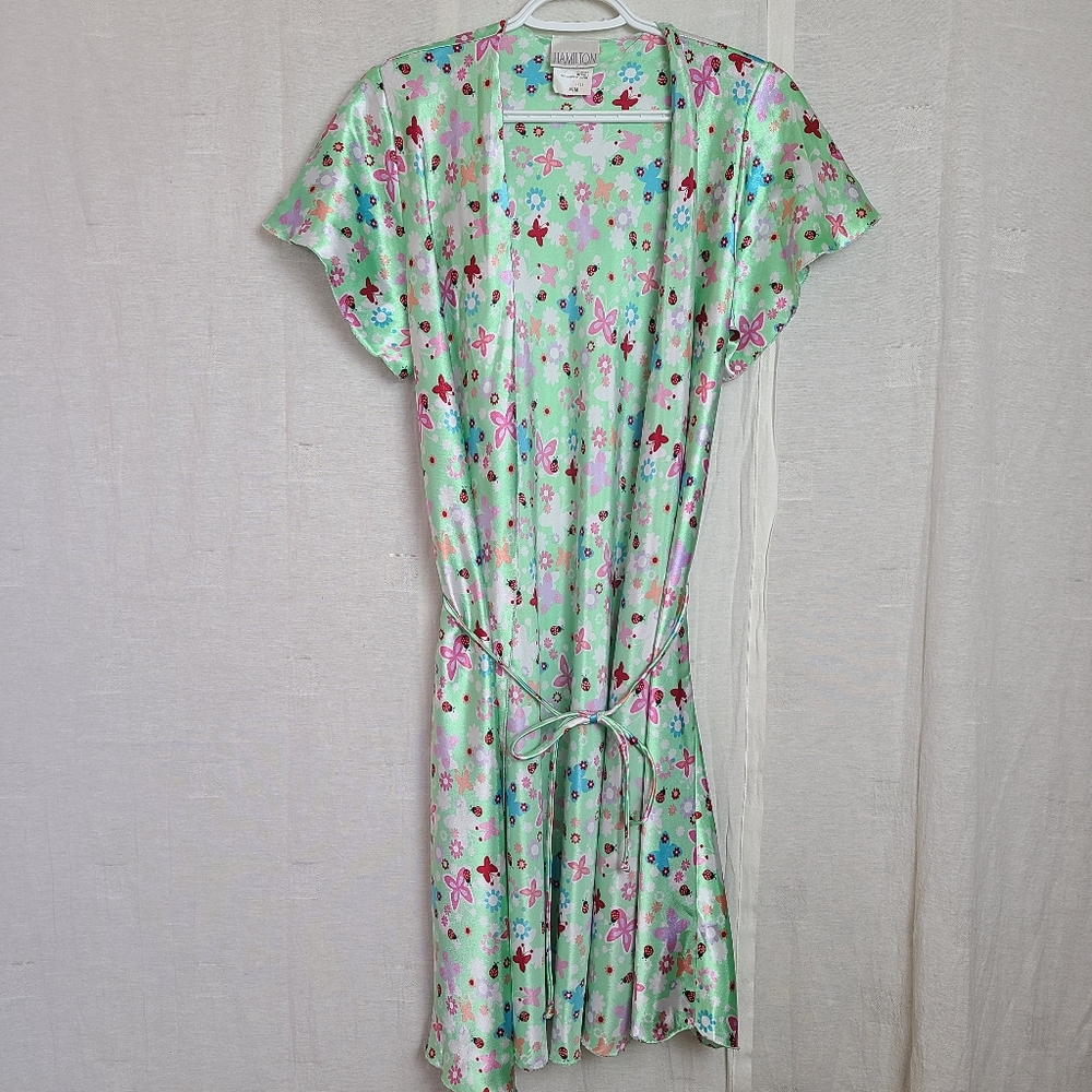 Hamilton Women Vintage Turquoise Floral Butterfly Lady Bug Satin Housecoat Robe